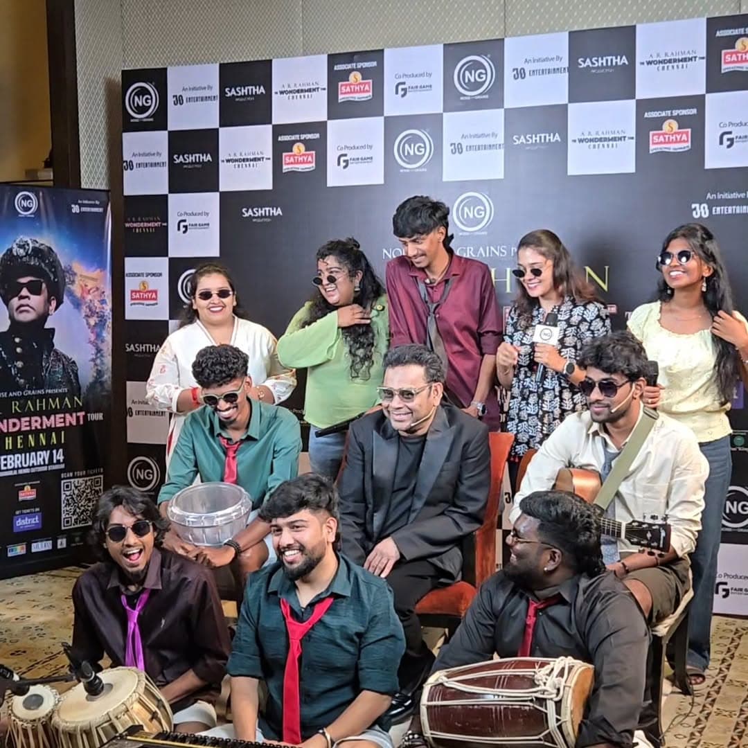 Office Gaana at the A. R. Rahman Wonderment Chennai press event, with tabla, harmonium and dholak in front