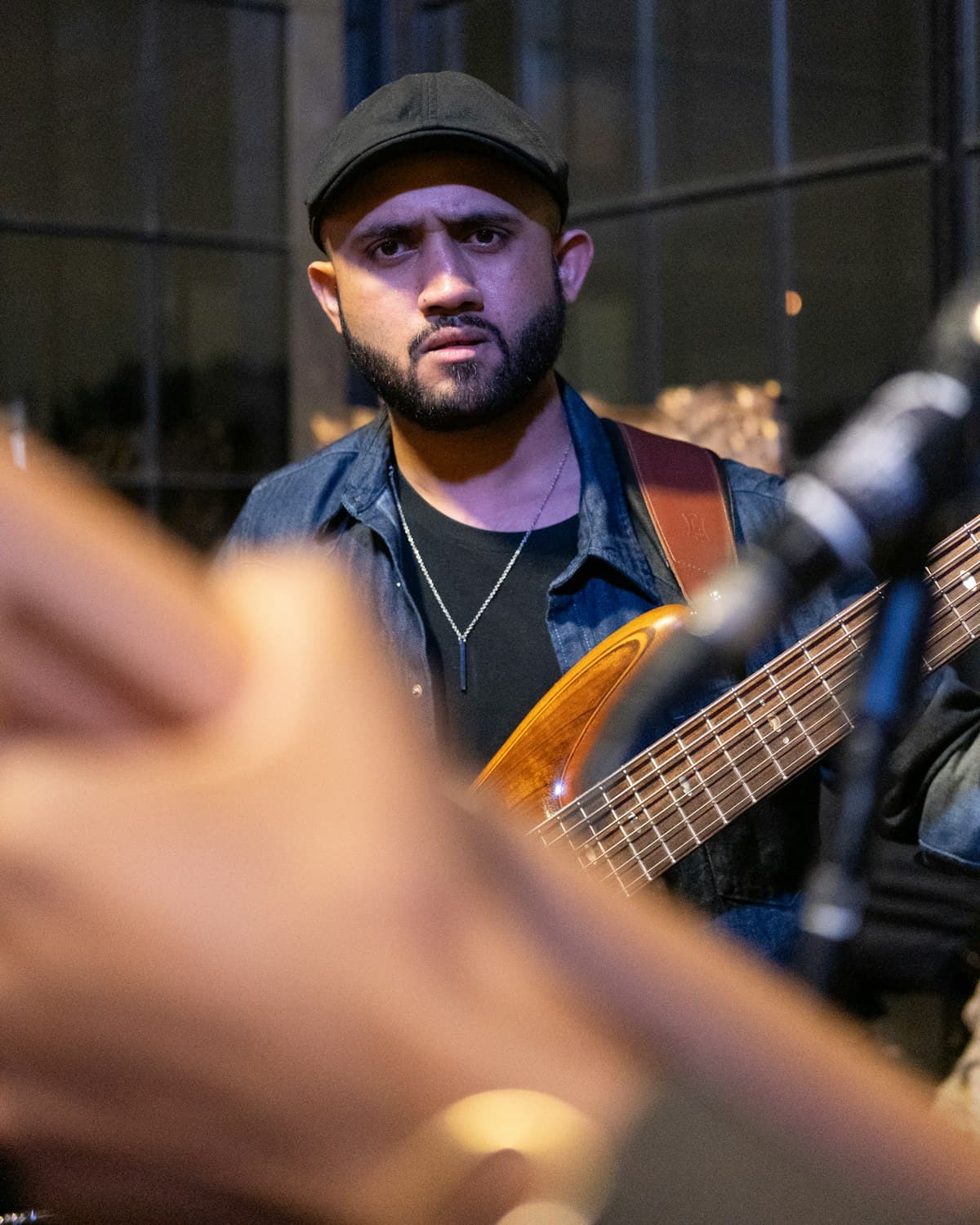 Portrait of a bassist on stage